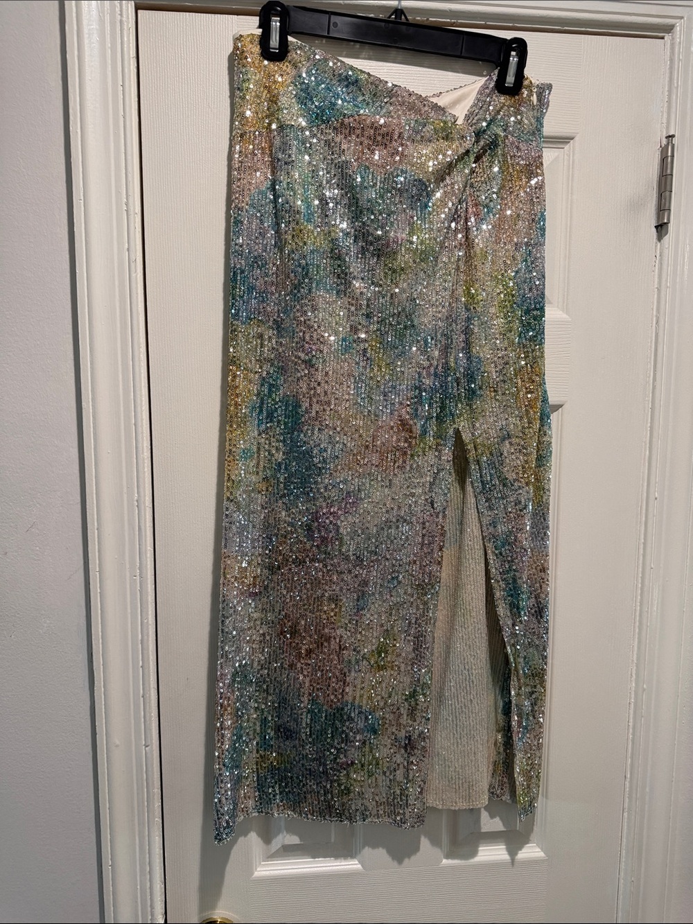 Sequin Ribbed Midi Skirt with Side Slit - Multicolor